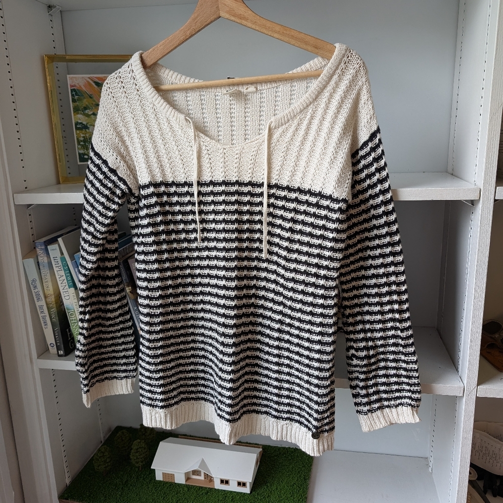 Roxy Women's Knit Sweater Striped 3/4 Sleeves Black White Sz Large Nautical